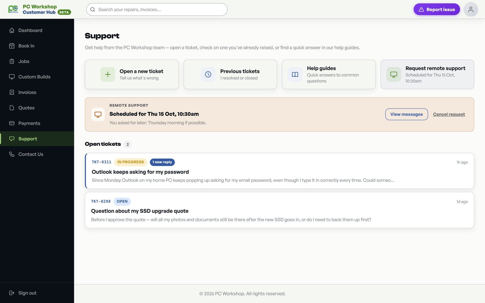 The Support Centre: tickets, help guides and remote support